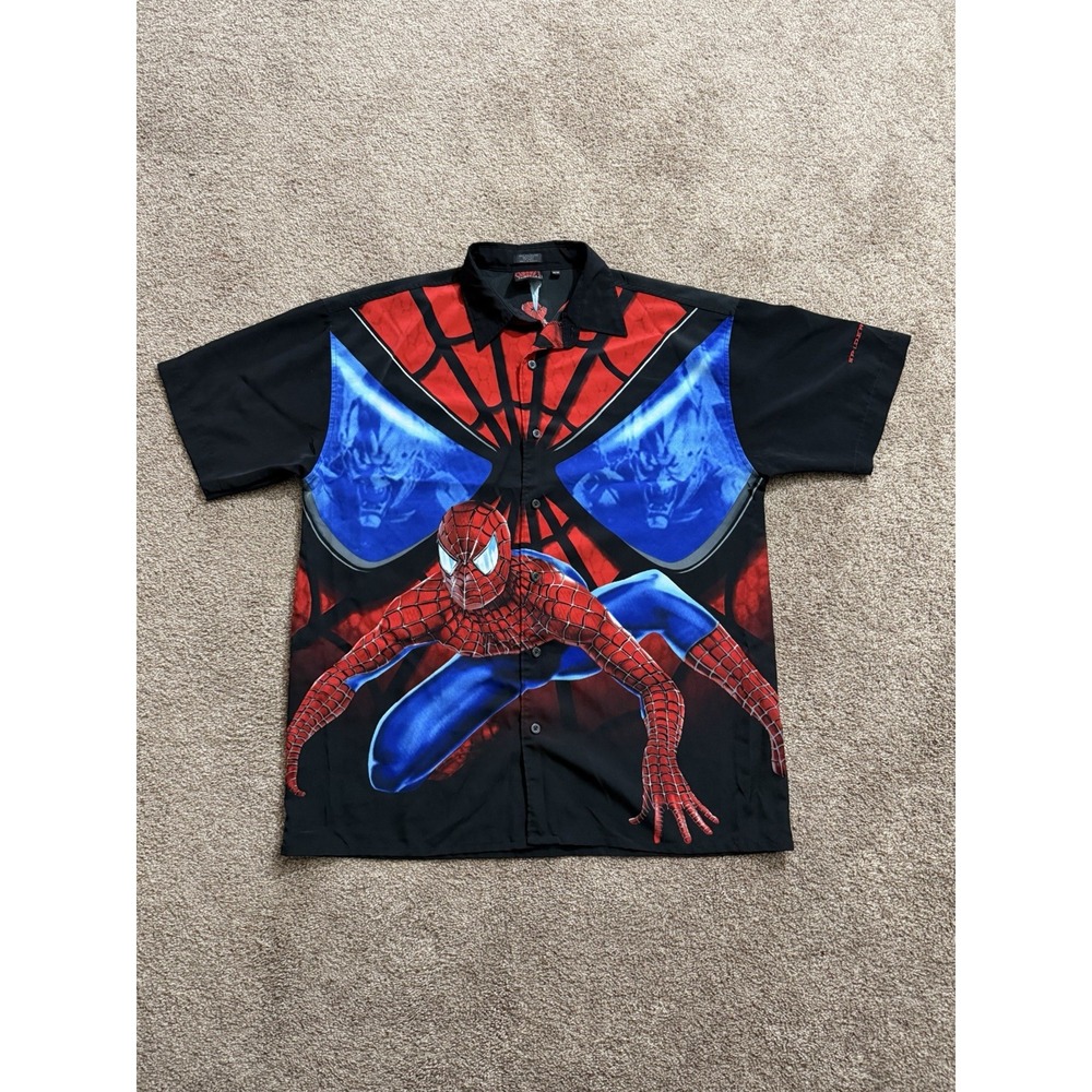 VTG Marvel Spider-Man Shirt Men's Button All Over Print AOP Green Goblin 2002 XL